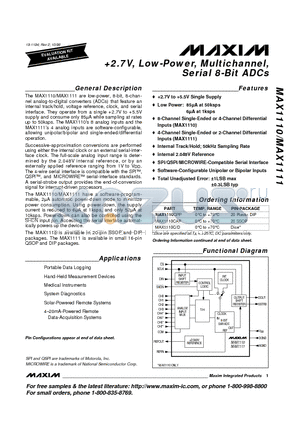 MAX1111MJE datasheet - 2.7V, Low-Power, Multichannel, Serial 8-Bit ADCs