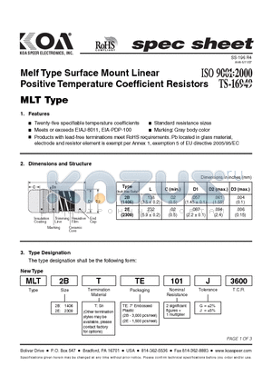 MLT2ETTE101G3600 datasheet - Melf Type Surface Mount Linear Positive Temperature Coefficient Resistors