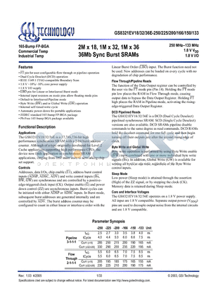 GS8321EV18GE-150 datasheet - 2M x 18, 1M x 32, 1M x 36 36Mb Sync Burst SRAMs