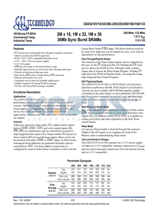GS8321EV18GE-166I datasheet - 2M x 18, 1M x 32, 1M x 36 36Mb Sync Burst SRAMs