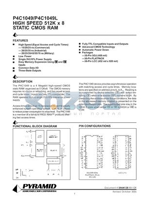 P4C1049-20FS36I datasheet - HIGH SPEED 512K x 8 STATIC CMOS RAM