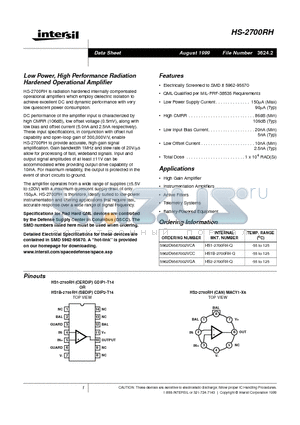 HS1B-2700RH-Q datasheet - Low Power, High Performance Radiation Hardened Operational Amplifier