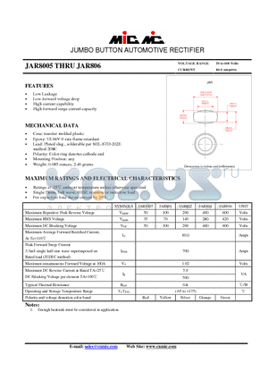 JAR804 datasheet - JUMBO BUTTON AUTOMOTIVE RECTIFIER