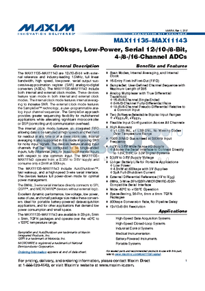 MAX11136 datasheet - 500ksps, Low-Power, Serial 12-/10-/8-Bit,4-/8-/16-Channel ADCs