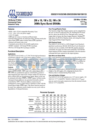 GS8321V18E-150I datasheet - 2M x 18, 1M x 32, 1M x 36 36Mb Sync Burst SRAMs