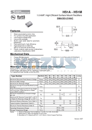 HS1J datasheet - 1.0 AMP. High Efficient Surface Mount Rectifiers