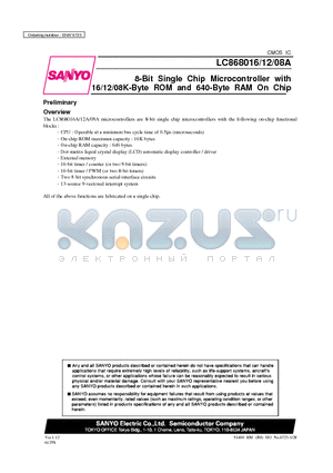 LC868016 datasheet - 8-Bit Single Chip Microcontroller with 16/12/08K-Byte ROM and 640-Byte RAM On Chip