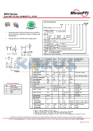 MVH11V1AD datasheet - 8 pin DIP, 5.0 Volt, HCMOS/TTL, VCXO