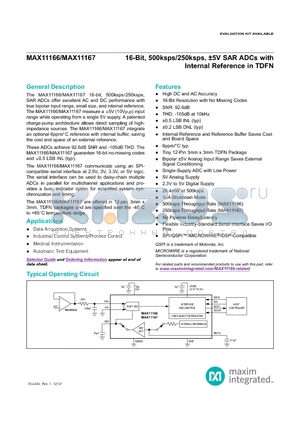 MAX11167 datasheet - 16-Bit, 500ksps/250ksps, a5V SAR ADCs with Internal Reference in TDFN