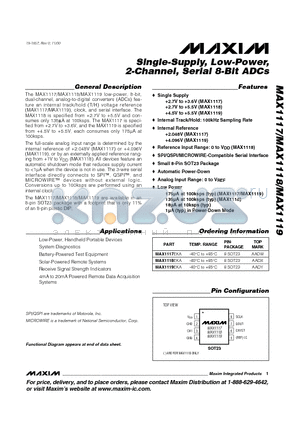 MAX1118 datasheet - Single-Supply, Low-Power, 2-Channel, Serial 8-Bit ADCs