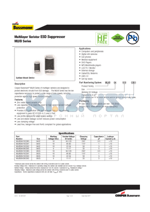 MLVB06V18C003 datasheet - Multilayer Varistor ESD Suppressor