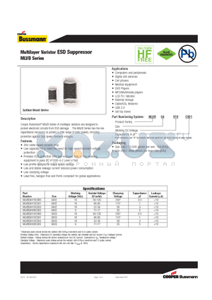 MLVB06V18C0R5 datasheet - Multilayer Varistor ESD Suppressor