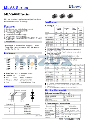 MLVS0402L08 datasheet - This specification is applicable to Chip Metal Oxide Varistor in multilayer technology.