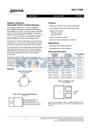 HS2-117RH/PROTO datasheet - Radiation Hardened Adjustable Positive Voltage Regulator