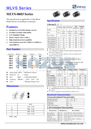 MLVS0603M07 datasheet - This specification is applicable to Chip Metal Oxide Varistor in multilayer technology