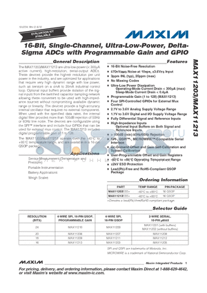 MAX11203EEE+ datasheet - 16-Bit, Single-Channel, Ultra-Low-Power, Delta-Sigma ADCs with Programmable Gain and GPIO