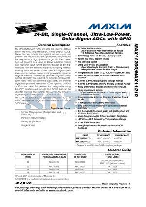MAX11200 datasheet - 24-Bit, Single-Channel, Ultra-Low-Power, Delta-Sigma ADCs with GPIO