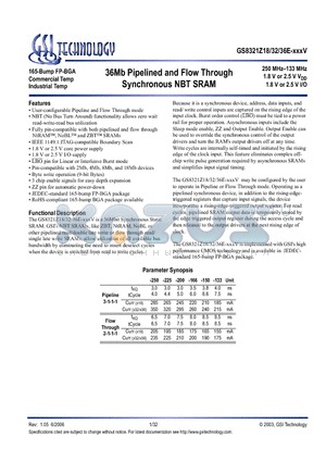 GS8321Z18E-166IV datasheet - 36Mb Pipelined and Flow Through Synchronous NBT SRAMs