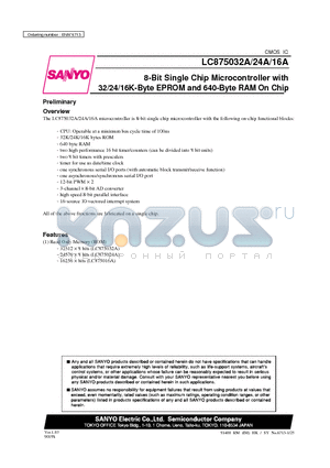 LC875016A datasheet - 8-Bit Single Chip Microcontroller with 32/24/16K-Byte EPROM and 640-Byte RAM On Chip