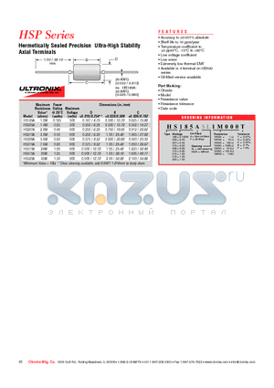 HS205ASL1M000F datasheet - Hermetically Sealed Precision Ultra-High Stability Axial Terminals
