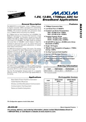 MAX1121 datasheet - 1.8V, 12-Bit, 170Msps ADC for Broadband Applications