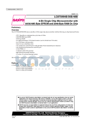 LC875048B datasheet - 8-Bit Single Chip Microcontroller with 64/56/48K-Byte EPROM and 2048-Byte RAM On Chip