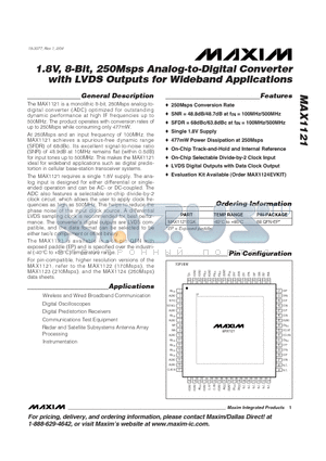 MAX1121EGK datasheet - 1.8V, 8-Bit, 250Msps Analog-to-Digital Converter with LVDS Outputs for Wideband Applications