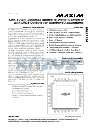 MAX1124EGK datasheet - 1.8V, 10-Bit, 250Msps Analog-to-Digital Converter with LVDS Outputs for Wideband Applications
