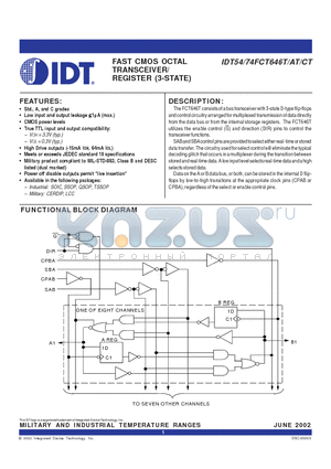 IDT74FCT646ATS0B datasheet - FAST CMOS OCTAL TRANSCEIVER/ REGISTER (3-STATE)