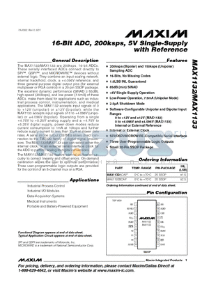 MAX1132-MAX1133 datasheet - 16-Bit ADC, 200ksps, 5V Single-Supply with Reference