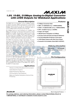 MAX1123EGK datasheet - 1.8V, 10-Bit, 210Msps Analog-to-Digital Converter with LVDS Outputs for Wideband Applications