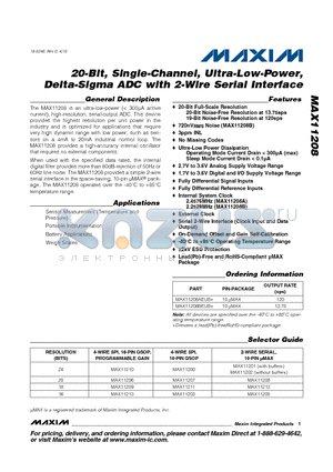 MAX11208AEUB+ datasheet - 20-Bit, Single-Channel, Ultra-Low-Power, Delta-Sigma ADC with 2-Wire Serial Interface