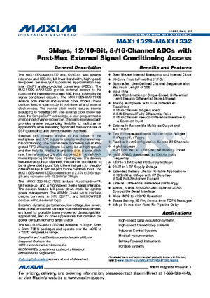 MAX11330 datasheet - 3Msps, 12-/10-Bit, 8-/16-Channel ADCs with Post-Mux External Signal Conditioning Access