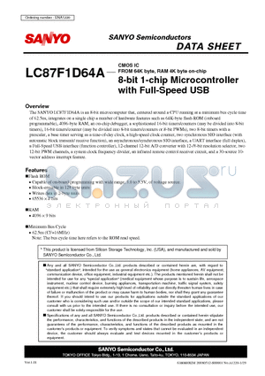 LC87F1D64A datasheet - CMOS IC FROM 64K byte, RAM 4K byte on-chip 8-bit 1-chip Microcontroller with Full-Speed USB