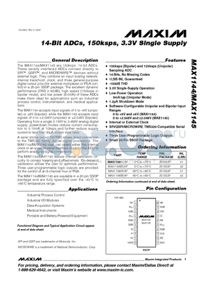 MAX1144-MAX1145 datasheet - 14-Bit ADCs, 150ksps, 3.3V Single Supply