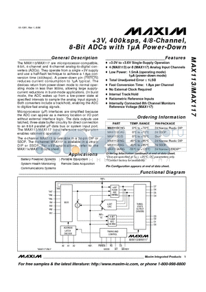 MAX113C/D datasheet - 3V, 400ksps, 4/8-Channel, 8-Bit ADCs with 1UA Power-Down