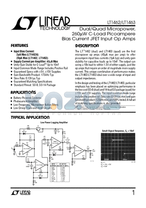 LT1462CN8 datasheet - Dual/Quad Micropower, 260uW C-Load Picoampere Bias Current JFET Input Op Amps