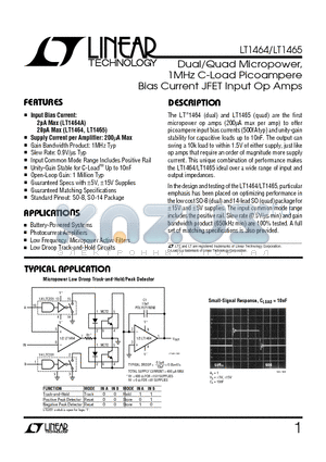 LT1464ACN8 datasheet - Dual/Quad Micropower, 1MHz C-Load Picoampere Bias Current JFET Input Op Amps