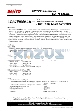 LC87F5M64A datasheet - CMOS IC FROM FROM 64K byte, RAM 2048 byte on-chip 8-bit 1-chip Microcontroller with Full-Speed USB