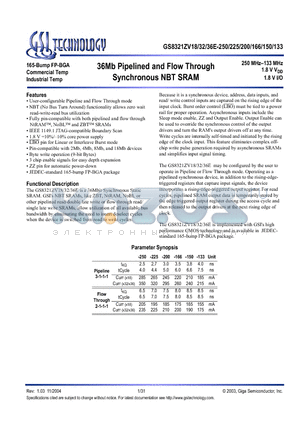 GS8321ZV32E-250 datasheet - 36Mb Pipelined and Flow Through Synchronous NBT SRAM