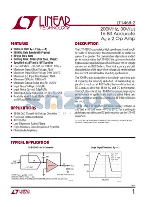 LT1468CDD-2-TRPBF datasheet - 200MHz, 30V/ls 16-Bit Accurate AV  2 Op Amp