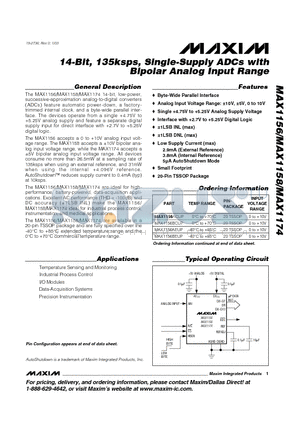 MAX1156AEUP datasheet - 14-Bit, 135ksps, Single-Supply ADCs with Bipolar Analog Input Range
