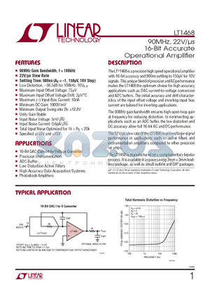 LT1468CN8-PBF datasheet - 90MHz, 22V/ls 16-Bit Accurate Operational Amplifi er