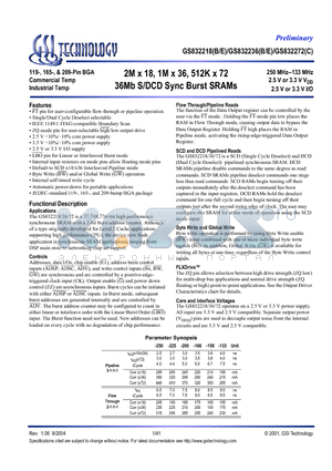 GS832218E-166 datasheet - 2M x 18, 1M x 36, 512K x 72 36Mb S/DCD Sync Burst SRAMs