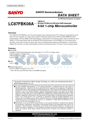 LC87FBK08A datasheet - 8K-byte FROM and 256-byte RAM integrated 8-bit 1-chip Microcontroller