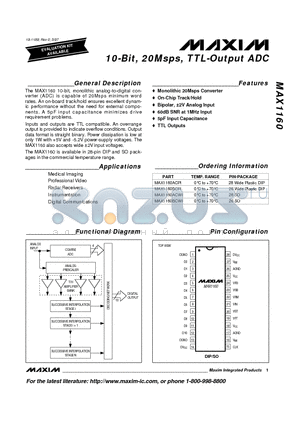 MAX1160 datasheet - 10-Bit, 20Msps, TTL-Output ADC