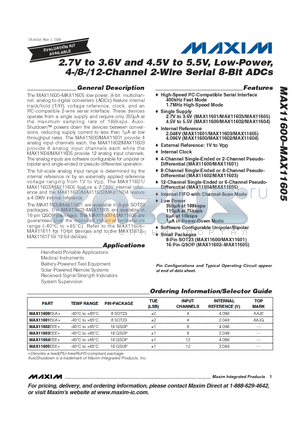 MAX11600EKA+ datasheet - 2.7V to 3.6V and 4.5V to 5.5V, Low-Power, 4-/8-/12-Channel 2-Wire Serial 8-Bit ADCs