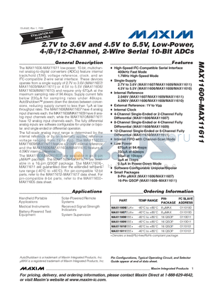 MAX11607EUA+ datasheet - 2.7V to 3.6V and 4.5V to 5.5V, Low-Power, 4-/8-/12-Channel, 2-Wire Serial 10-Bit ADCs