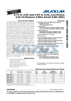 MAX11605EEE+ datasheet - 2.7V to 3.6V and 4.5V to 5.5V, Low-Power, 4-/8-/12-Channel 2-Wire Serial 8-Bit ADCs