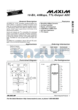 MAX1161 datasheet - 10-Bit, 40Msps, TTL-Output ADC
